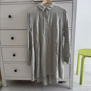 Halston 100% Linen Baby Doll High Low Mini Dress Size L NWT